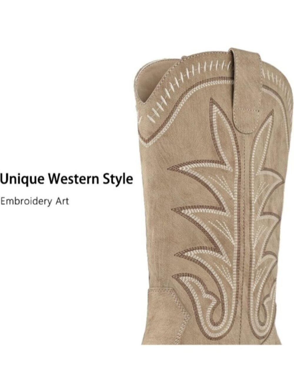 Women's Beige Square Toe Mid Calf Chunky Heel Classic Fall Western Cowgirl Boots - Picture 4 of 7